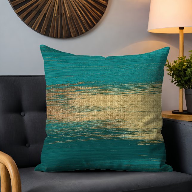 Almofada Chic Modern Teal Dourado Abstrato Brushstrokes (Criador carregado)