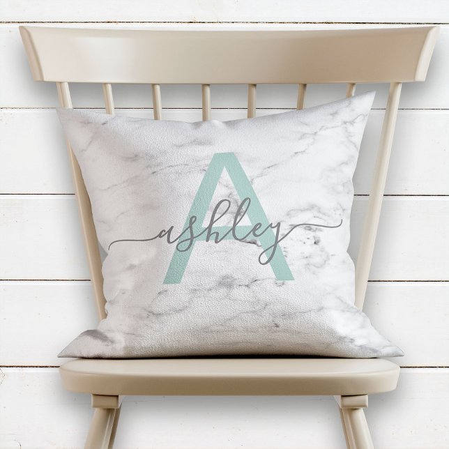 Almofada Chic Neo Mint & Cinza Marble Name Monograma (Criador carregado)