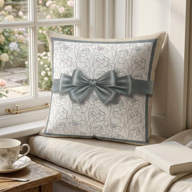 Almofada Chic Neutral Floral Croquet Bow Home Décor (Warm champagne tones meet modern slate gray in this elegant croquet bow pillow.)
