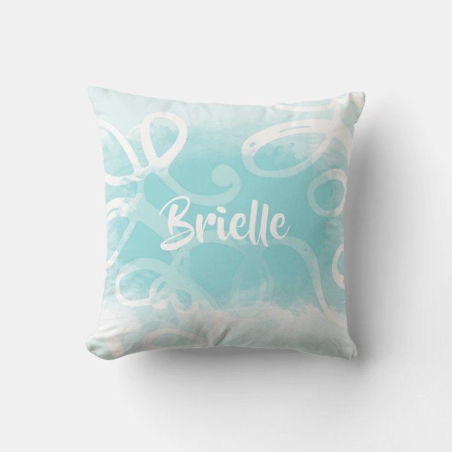 Almofada Chic Pastel Blue Watercolor Swirls Com Nome (Frente)