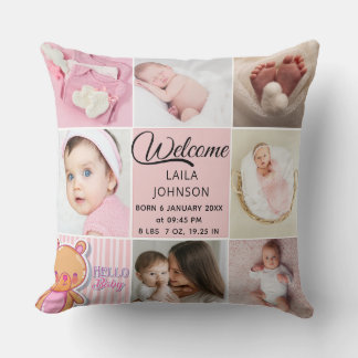 Almofada Chic Pink Custom name and baby girl photo collage