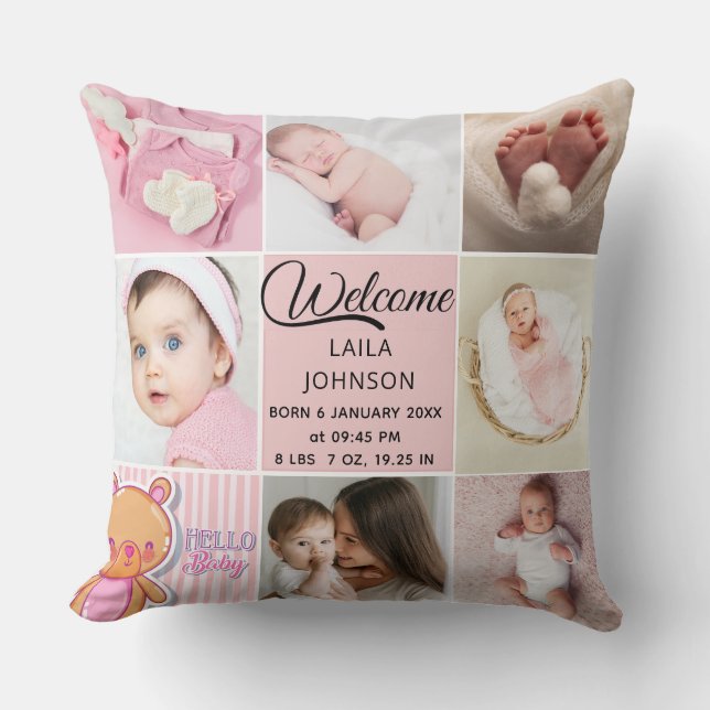 Almofada Chic Pink Custom name and baby girl photo collage (Frente)