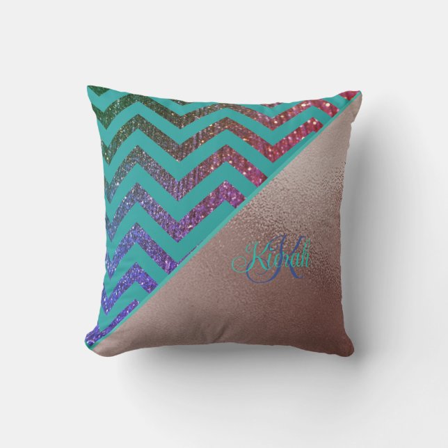Almofada Chic Rosa Dourado Glittery Chevron Teal Green Name (Frente)