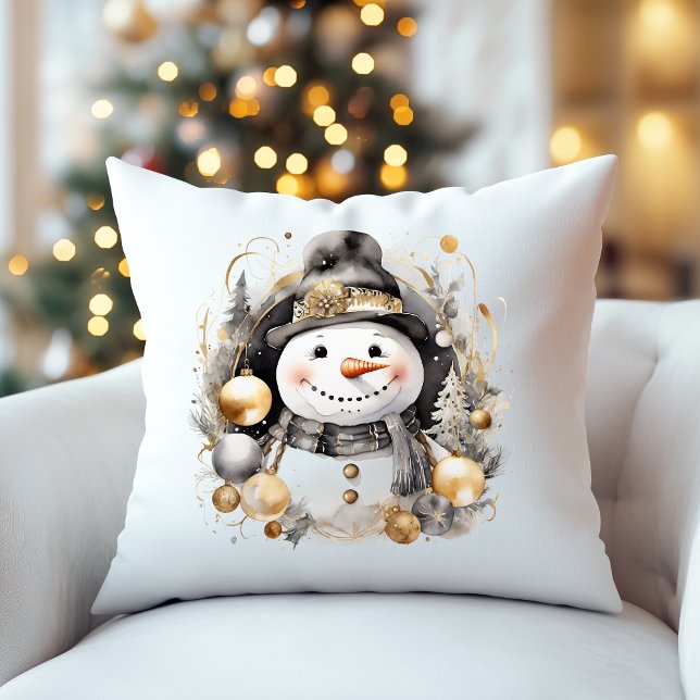 Almofada Chic Snowman: Black and Gold Holiday Charm (Criador carregado)