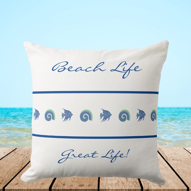 Almofada Chic White Blue Strips Sea Life Beach House (Criador carregado)