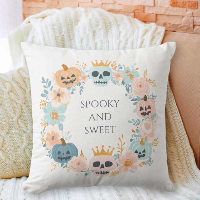 Almofada Chico Azul Cor-de-rosa-rosa Pumpkin Pintado (Halloween Cute Spooky Skull Pumpkin Pink Blue Chic Throw Pillow)