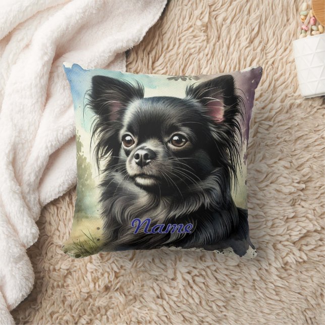 Almofada Chihuahua de Cabelo Longo Negro em Watercolor (Cobertor)