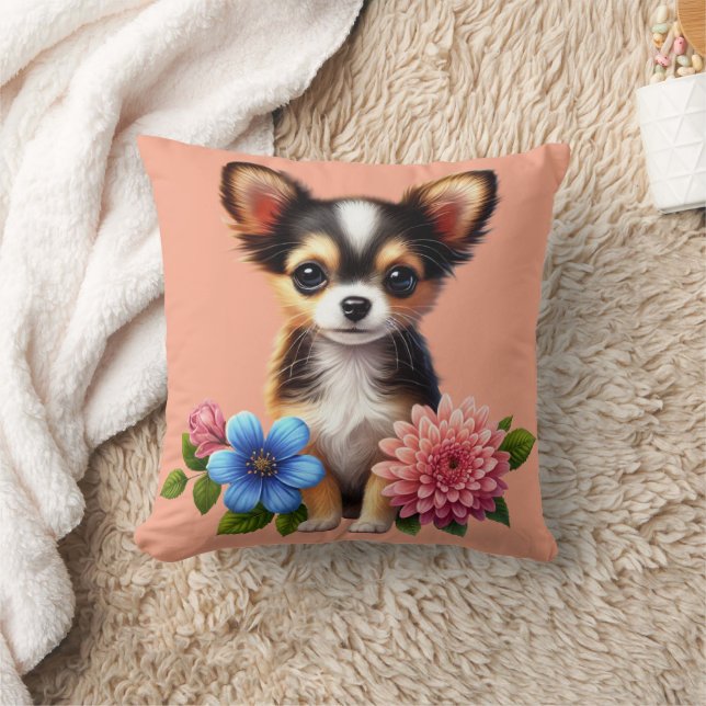 Almofada Chihuahua Puppy com flores decorativas (Cobertor)
