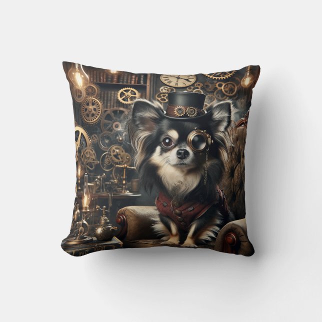 Almofada Chihuahua Steampunk preto e branco de cabelos long (Frente)