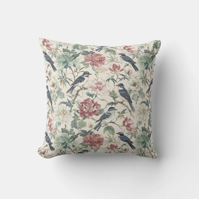 Almofada Chinoiserie Birds and Peony Floral Design (Frente)
