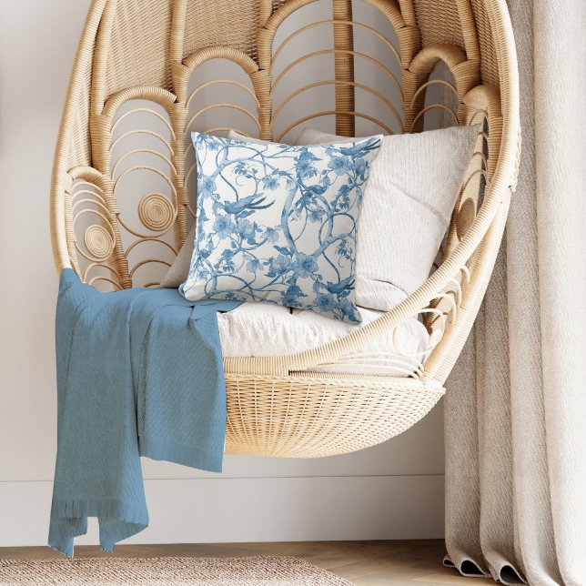 Almofada Chinoiserie Blue e White Birds Floral n Foliage (Criador carregado)
