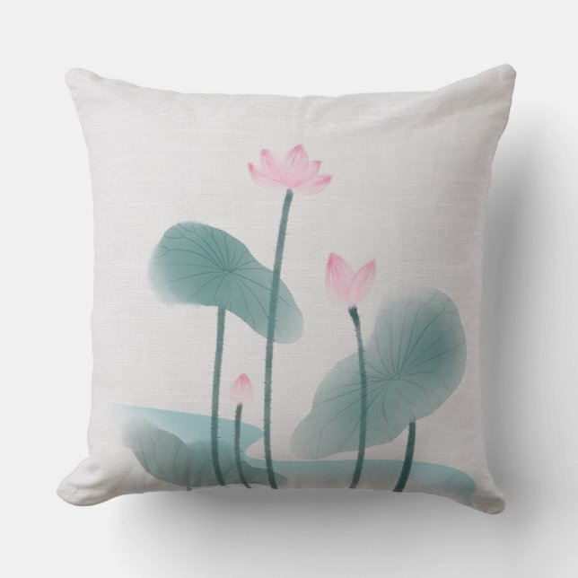 Almofada Chinoiserie Chinesa Ink Lash Pintura Lotus Floral (Frente)