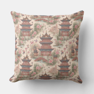 Almofada Chinoiserie cor-de-rosa Pagoda Watercolor
