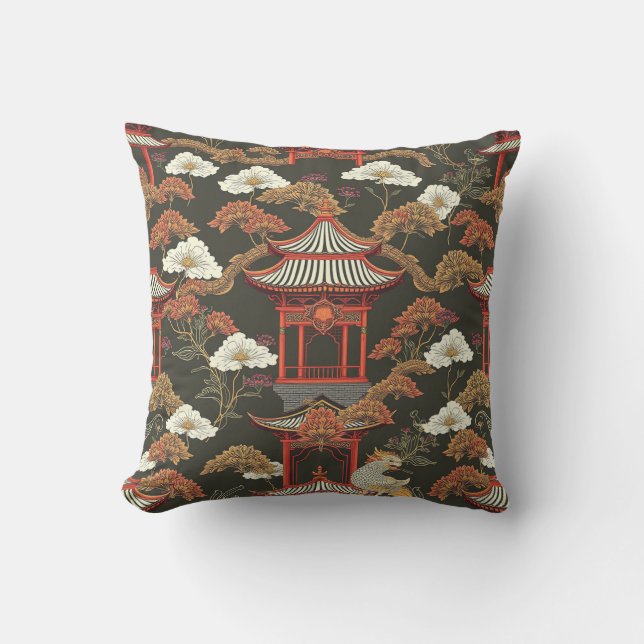 Almofada Chinoiserie Elegante Pagoda Black Red (Frente)