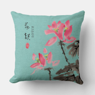 Almofada Chinoiserie Freehand Watercolor Lotus Flor Verde