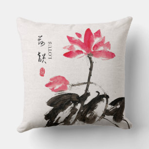 Almofada Chinoiserie Freehand Watercolor Lotus Flowers Thor