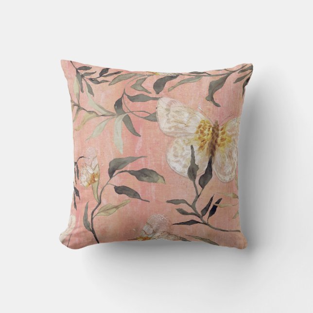 Almofada Chinoiserie Peach Butterfly Eucalyptus Greenery (Frente)