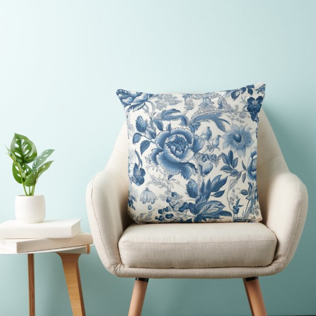 Almofada Chinoiserie Toile Blue e White Peonies Floral (Cadeira)