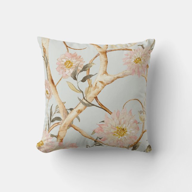 Almofada Chinoiserie Watercolor Floral Dusty Azul a Rosa (Frente)