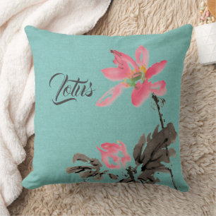 Almofada Chinoiserie Watercolor painting Floral Lotus Green