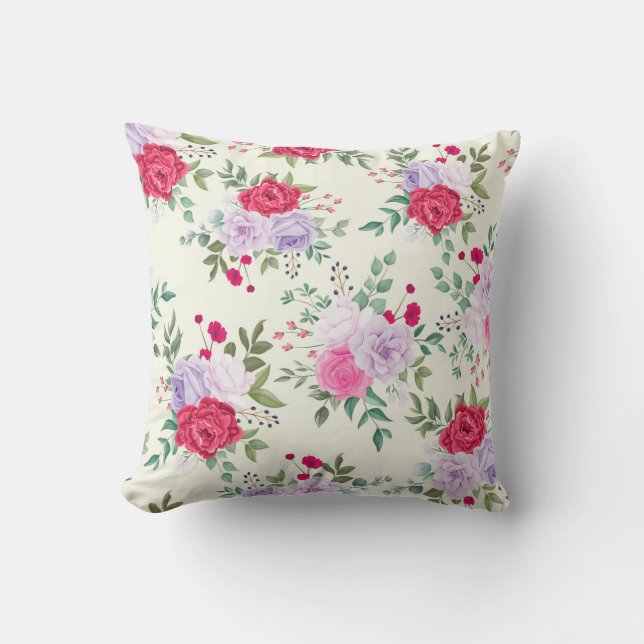 Almofada chique floral vermelho e rosa (Frente)