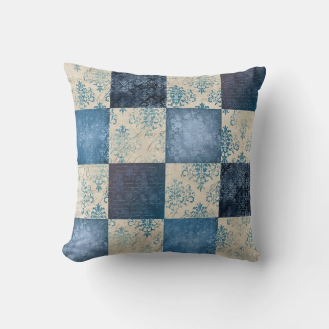 Almofada Chique Vintage Faux Patchwork Azul (Frente)