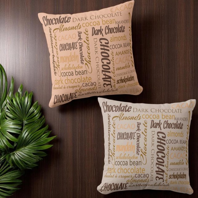 Almofada Chocolate, amêndoas e Design de texto de chocolate (Pillow front and back word cloud different color backgrounds)