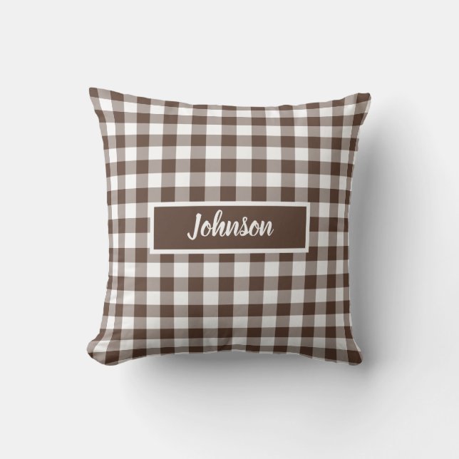 Almofada Chocolate Brown Plaid Gingham Customizable (Frente)