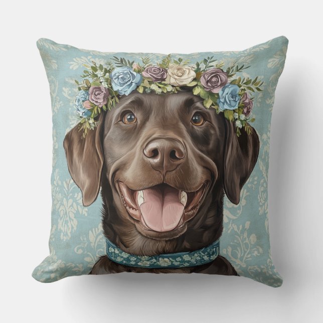 Almofada Chocolate Labrador Cão Azul Floral (Frente)