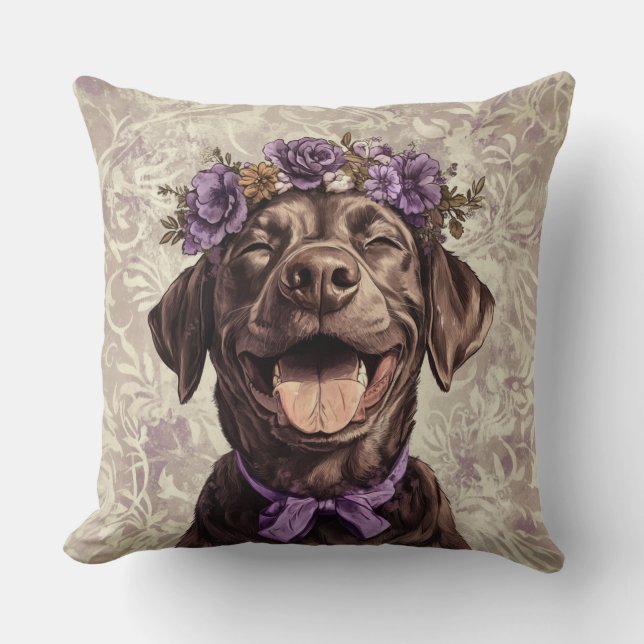 Almofada Chocolate Labrador Retriever Cão Roxo Floral (Frente)
