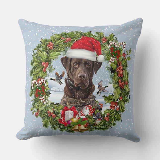 Almofada Chocolate Labrador Retriever, terra de Natal (Frente)
