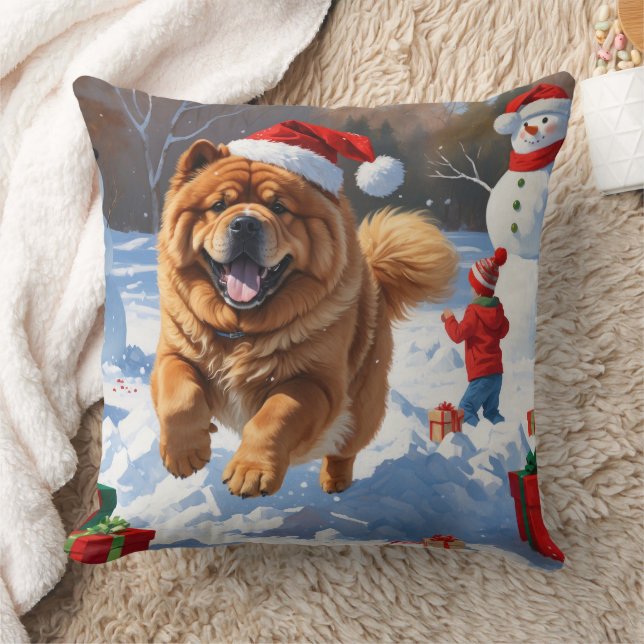Almofada Chow Chow Correndo na Neve com Chapéu de Natal (Cobertor)