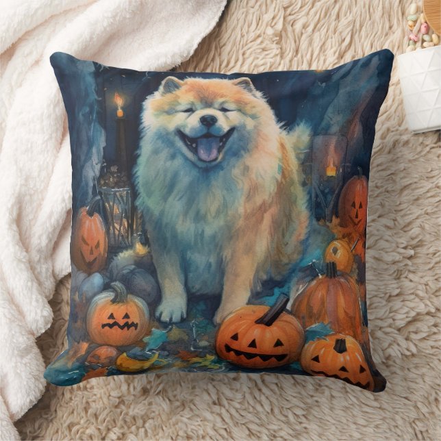 Almofada Chow Chow de Halloween com Abóboras Assustador (Cobertor)