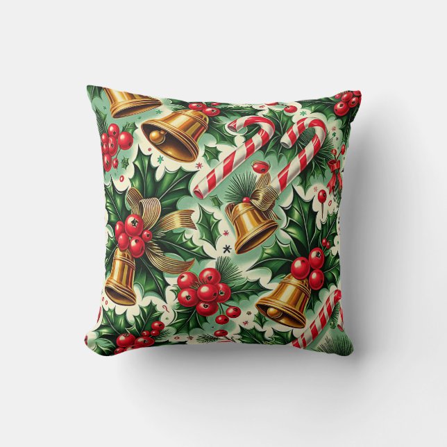 Almofada Christmas Bells holly candy canes art pattern (Frente)