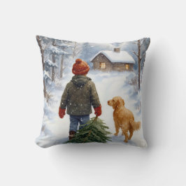 Almofada Christmas Boy In Snowflakes With Pine Tree and Dog