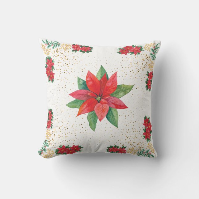 Almofada Christmas Holiday Red Poinsettia and Gold (Frente)