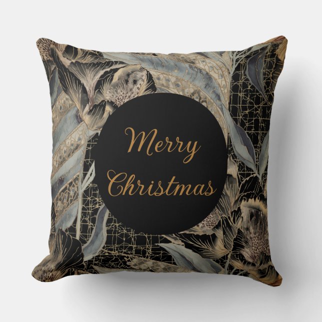 Almofada Christmas,Merry Christmas,Gold Blue Flowers Leaves (Frente)