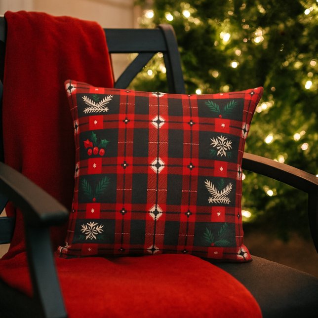 Almofada Christmas Plaid with Snowflakes & Evergreen  (Festive Christmas plaid with holly and evergreen accents.  A fun pillow for outdoor gatherings )