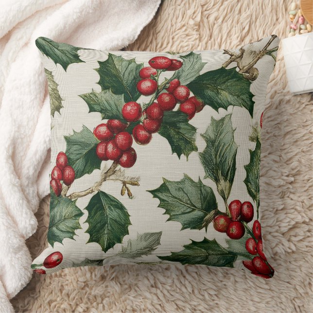 Almofada Christmas Red Berry Holly On Faux Linen (Cobertor)