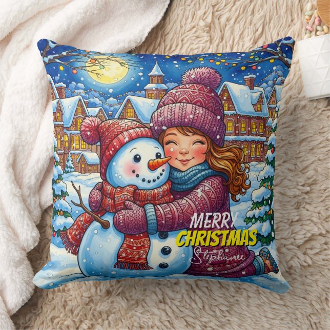 Almofada Christmas Snowman And A Girl Throw Pillow (Cobertor)