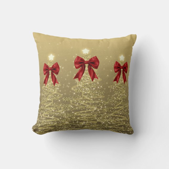 Almofada Christmas Sparkling Trees Gold Faux Red Bow (Frente)
