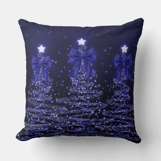 Almofada Christmas Sparkling Trees Navy Blue Faux Bow  (Frente)