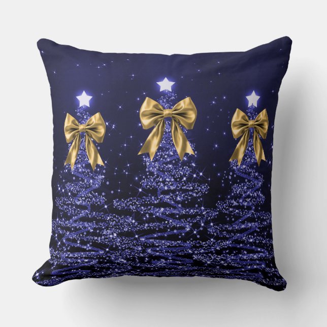 Almofada Christmas Sparkling Trees Navy Faux Gold Bow  (Frente)