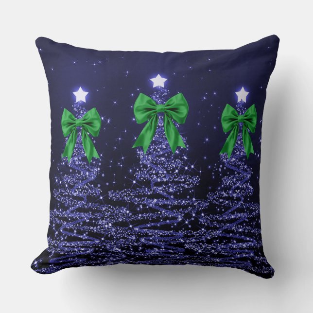 Almofada Christmas Sparkling Trees Navy Faux Green Bow  (Frente)