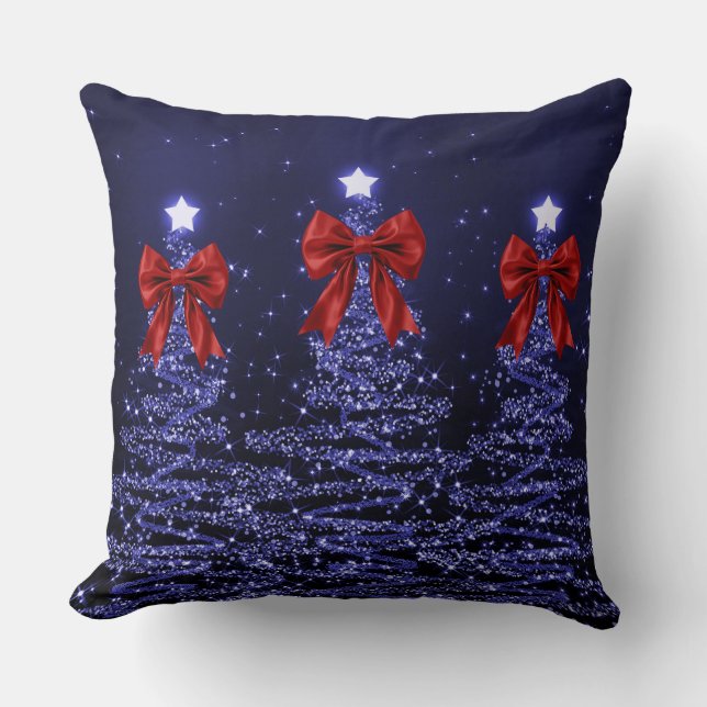 Almofada Christmas Sparkling Trees Navy Faux Red Bow  (Frente)