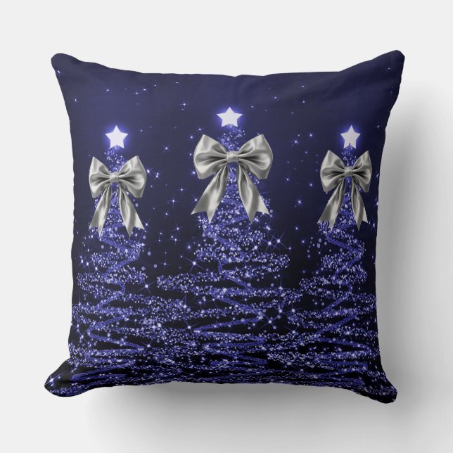 Almofada Christmas Sparkling Trees Navy Faux Silver Bow  (Frente)