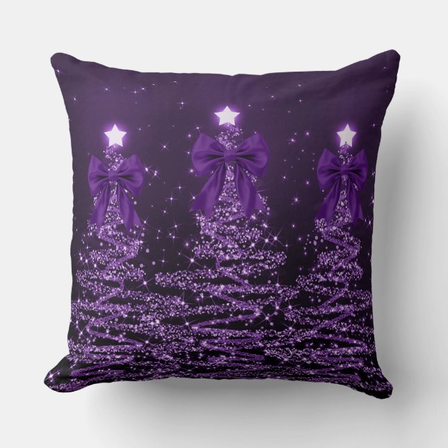 Almofada Christmas Sparkling Trees Purple Faux Bow  (Frente)