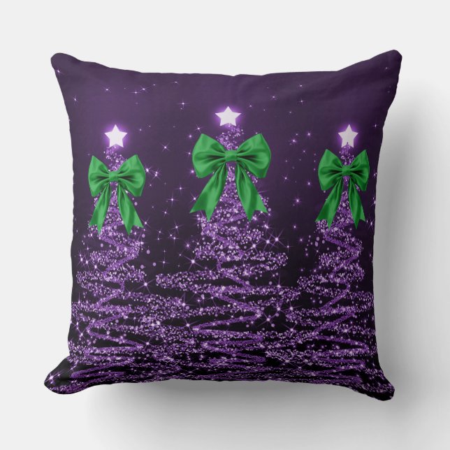 Almofada Christmas Sparkling Trees Purple Faux Green Bow  (Frente)