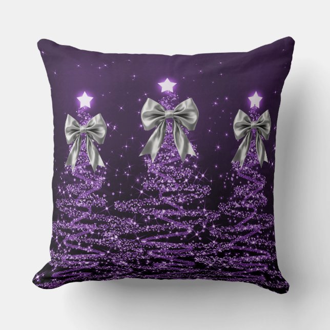 Almofada Christmas Sparkling Trees Purple Faux Silver Bow  (Frente)