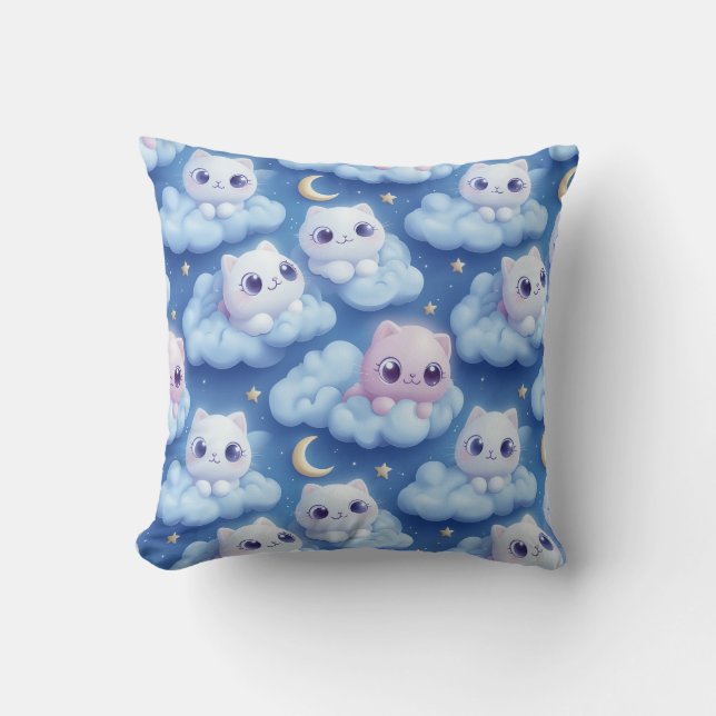 Almofada "Chubby Kawaii Cats and Clouds 3D Padrão Invisível (Frente)